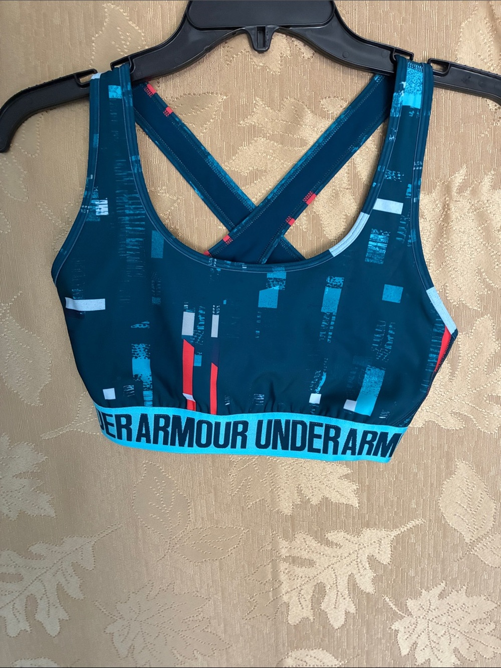 Under Armour Teal Patterned Crossback Sports Bra with Logo Band